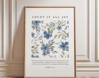 PHYSICAL PRINT Christian Wall Art Framed Scripture Wall Art Bible Verse Wall Art Christian Art Count It All Joy Christian Wall Decor Floral