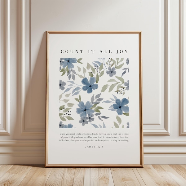Count It All Joy Bible Verse Print Scripture Wall Art for Living Room or Bedroom Christian Home Decor Gift Baptism Framed Christian Wall Art