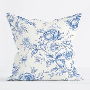 Französischer Toile De Jouy Dekokissenbezug Vintage Blumendruck Kissenbezug Blauer und weißer Chinoiserie Kissenbezug Eleganter dekorativer Akzent