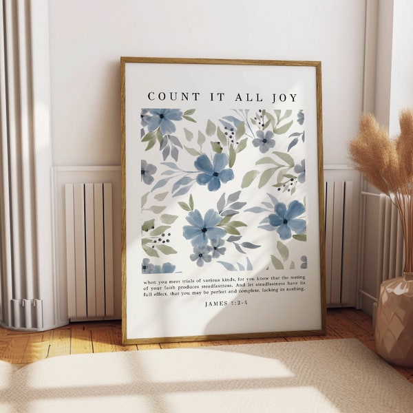 PHYSICAL PRINT James 1:2-4 Count It All Joy Scripture Print Vintage Christian Wall Art Framed Floral Bible Verse Poster Christian Home Decor