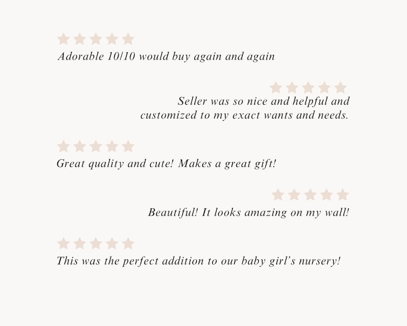 May include: Five customer reviews with five stars each. The reviews are: "Adorable 10/10 would buy again and again", "Seller was so nice and helpful and customised to my exact wants and needs.", "Great quality and cute! Makes a great gift!", "Beautiful! It looks amazing on my wall!", and "This was the perfect addition to our baby girl's nursery!"