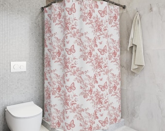 Pink Shower Curtain Toile Curtains Pink Bathroom Decor Butterfly Bathroom Butterfly Decor Girly Bathroom Decor Cottagecore Bathroom Decor