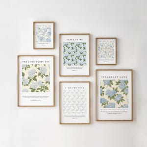 DIGITAL Blue Floral Prints Set of 6 Prints Wall Art Floral Scripture Wall Art Christian Gift Trendy Bible Verse Wall Art Blue Prints Poster