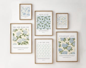 DIGITALE blauwe bloemenprints set van 6 prints muurkunst bloemen schrift kunst aan de muur christelijk cadeau trendy bijbelvers muur kunst blauwe prints poster