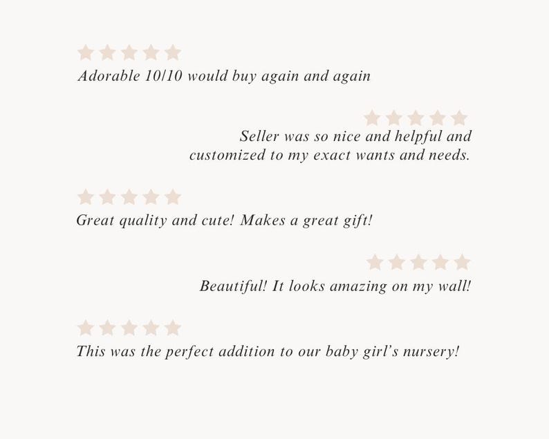 May include: Five customer reviews with five stars each. The reviews are: "Adorable 10/10 would buy again and again", "Seller was so nice and helpful and customized to my exact wants and needs.", "Great quality and cute! Makes a great gift!", "Beautiful! It looks amazing on my wall!", and "This was the perfect addition to our baby girl's nursery!"