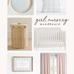May include: A mood board for a girl's nursery featuring a white crib with scalloped trim, a wicker laundry basket with a scalloped top, a framed print with a floral pattern and the monogram "ERH", a pillow with a floral pattern, and pink ruffled curtains. The mood board also includes a color palette of pink, green, and blue.