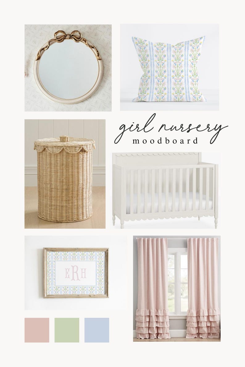May include: A mood board for a girl's nursery featuring a white crib with scalloped trim, a wicker laundry basket with a scalloped top, a framed print with a floral pattern and the monogram "ERH", a pillow with a floral pattern, and pink ruffled curtains. The mood board also includes a color palette of pink, green, and blue.