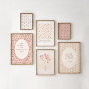 Ensemble de 6 oeuvres d&#39;art murales chrétiennes roses numériques à imprimé floral, impression florale vintage, décoration murale pour chambre d&#39;enfant