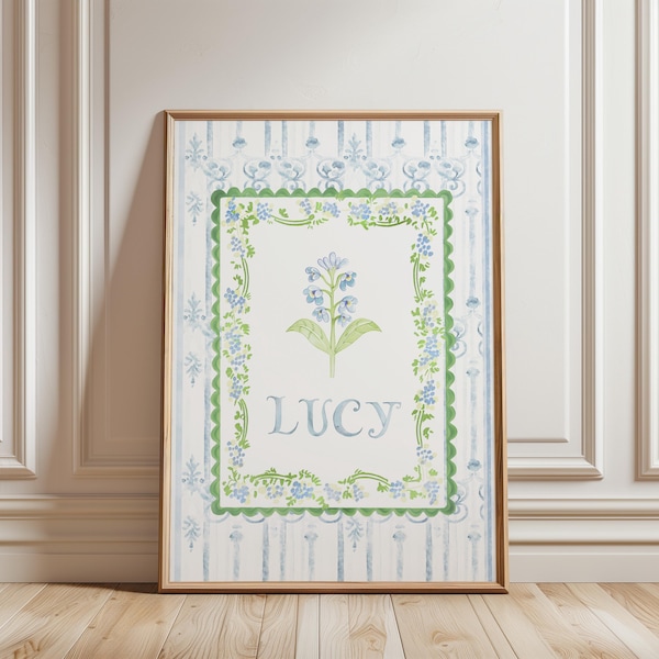 Custom Name Print Nursery Decor Monogram Print Blue And Green Floral Nursery Art Personalized Nursery Wall Art Baby Girl Grandmillenial Art