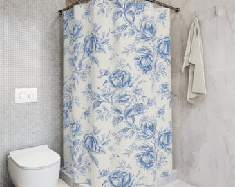 Toile Shower Curtain Blue And White Chinoiserie Bath Decor Vintage Floral Bathroom Country Cottage Blue Floral Shower Curtain Shabby Chic