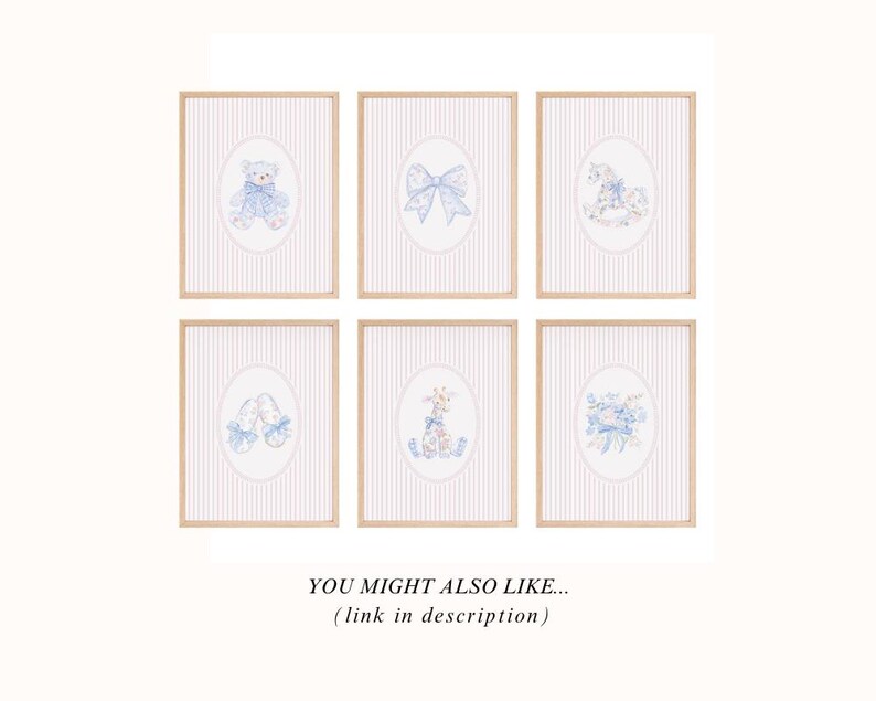 May include: Set of six framed prints with a pink and white striped background. Each print features a different image of a baby animal or object with blue and white floral accents. The images include a teddy bear, a bow, a rocking horse, a pair of slippers, a giraffe, and a bouquet of flowers.