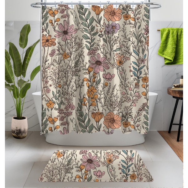 Vintage Wildflowers Shower Curtain Cottagecore Bathroom Decor Botanical Bath Decor Floral Shower Curtain Floral Bath Mat Wildflower Bath Rug