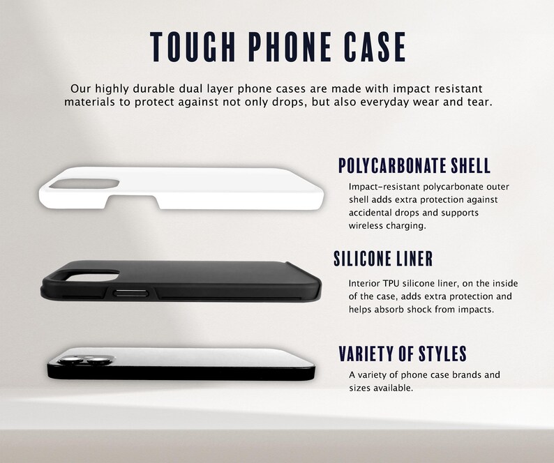 May include: A tough phone case with a polycarbonate shell and silicone liner. The case is designed to protect your phone from drops and everyday wear and tear. It also supports wireless charging.