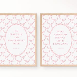 DIGITAL Psalm 139 Fearfully and Wonderfully Made Print James 1 17 Nursery Print Pink Nursery Quote Print With Pink Bow Bible Verse Set of 2