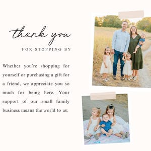 May include: A family of six poses for a photo in a field. The parents are standing in the center, with their four children in front of them. The family is smiling and looking at the camera. The text "thank you for stopping by" is written on the image.