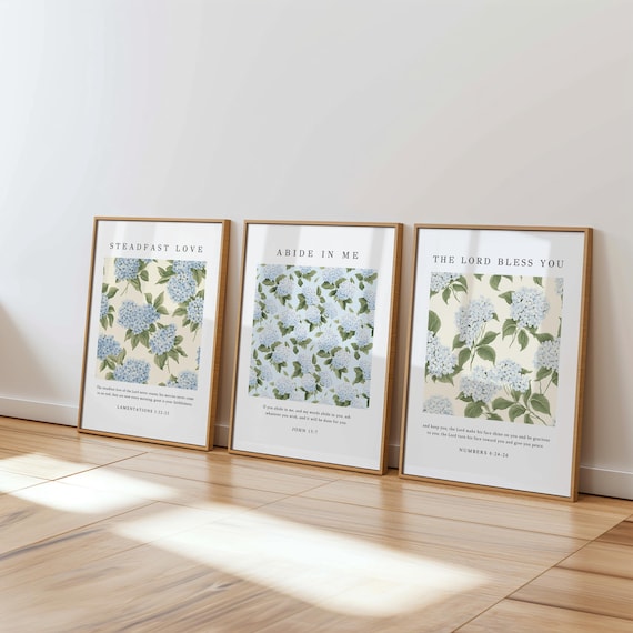 DIGITAL Set of 3 Wall Arts Prints Blue Floral Printe Vintage Scripture Wall Art French Country Art 3 Set of Artful Bible Verse Prints Floral