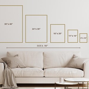 May include: A visual guide to help you choose the right size artwork for your 90-inch sofa. The image shows six different sizes of framed artwork, ranging from 30 inches by 40 inches to 5 inches by 7 inches, with the sofa in the foreground.