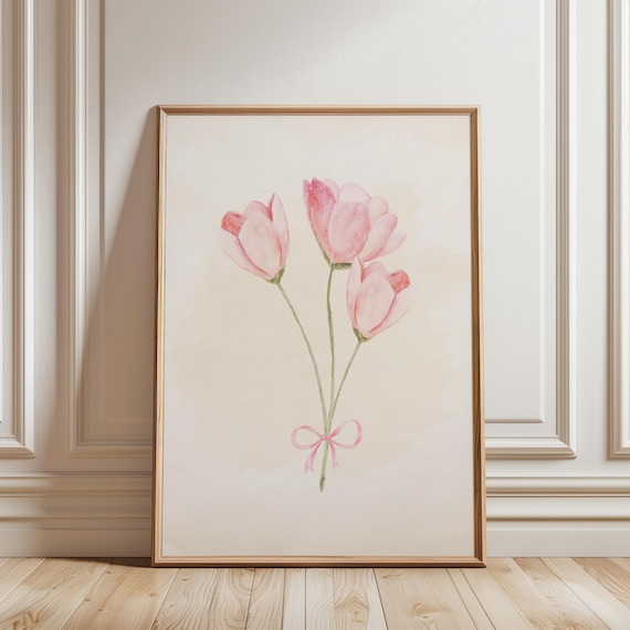 DIGITAL Pink Bow Tulip Print Coquette Room Decor Trendy Art Cute Aesthetic Print Flower Poster Neutral Soft Girl Aesthetic Coquette Girly
