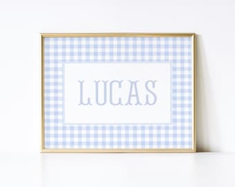Name Sign For Nursery Boy Personalized Baby Boy Nursery Name Sign Wall Art Blue Gingham Name Print Custom Monogram Nursery Decor Baby Boy