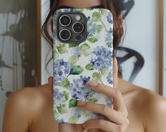 Blue Hydrangea Phone Case for iPhone Grandmillennial Phone Cover Blue Floral Phonecase Trendy Phone Case for iPhone 16 Preppy Phone Case
