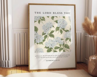 PHYSICAL PRINT The Lord Bless You Scripture Print Vintage Christian Wall Art Framed Floral Bible Verse Poster Christian Home Decor Hydrangea