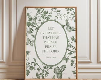 DIGITAL Green Toile Christian Wall Art Praise The Lord Print Everything That Has Breath Printable Vintage Bible Verse Poster Scripture Sign