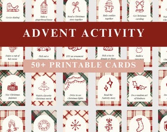 May include: A collection of printable Christmas advent activity cards. The cards feature illustrations of holiday-themed activities like baking cookies, watching movies, and enjoying hot cocoa. The text "ADVENT ACTIVITY" and "50+ PRINTABLE CARDS" are displayed.
