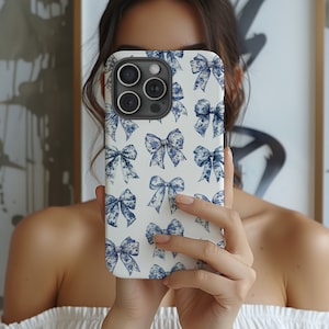 Coquette Phone Case Blue iPhone 16 Case French Toile Bow Phone Case Blue Bow Phone Case Blue Toile Bows Blue Floral iPhone Case Chinoiserie