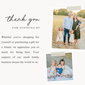 Pu&ograve; includere: Uno sfondo beige chiaro con le parole "thank you" e "FOR STOPPING BY" in corsivo nero. Sotto, il testo recita: "Che tu stia comprando per te stesso o acquistando un regalo per un amico, ti ringraziamo molto per essere qui."