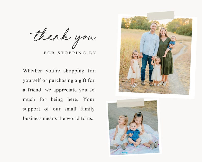 Pu&ograve; includere: Uno sfondo beige chiaro con le parole "thank you" e "FOR STOPPING BY" in corsivo nero. Sotto, il testo recita: "Che tu stia comprando per te stesso o acquistando un regalo per un amico, ti ringraziamo molto per essere qui."