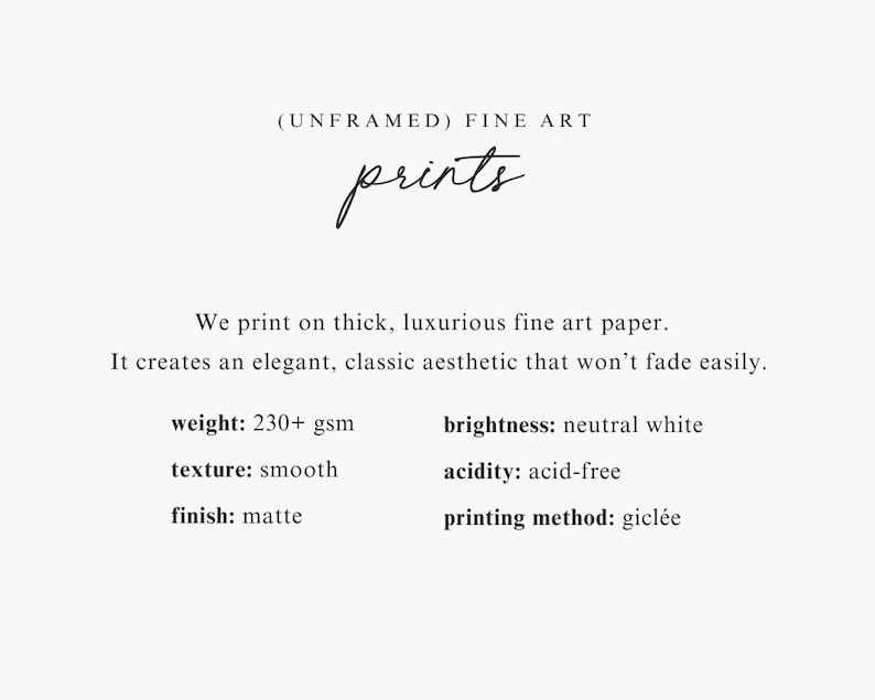 May include: Text that reads "(UNFRAMED) FINE ART prints" followed by a description of the paper used for prints: "We print on thick, luxurious fine art paper. It creates an elegant, classic aesthetic that won't fade easily."  The paper specifications are listed below: weight: 230+ gsm, brightness: neutral white, texture: smooth, acidity: acid-free, finish: matte, printing method: gicl&eacute;e.
