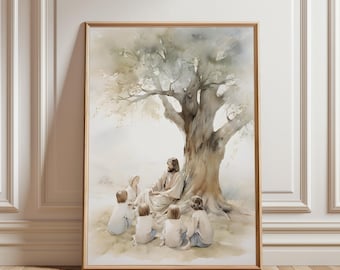 Jesus With Children Art Print Christian Wall Art Framed Jesus Teaching Children Painting Bible Story Wall Art Faith Home Decor Baptism Gifts