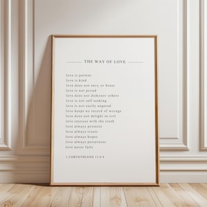 Arte mural bíblico digital, arte mural minimalista, 1 Corintios 13, decoración de boda cristiana, regalo de papel para el primer aniversario, el amor es paciente.