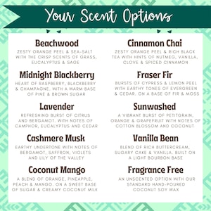 Może przedstawiać: Zielono-biała grafika z tekstem "Your Scent Options". Zawiera opisy zapach&oacute;w, takie jak Beachwood, Cinnamon Chai, Midnight Blackberry, Fraser Fir, Lavender, Sunwashed, Cashmere Musk, Vanilla Bean, Coconut Mango i Fragrance Free.