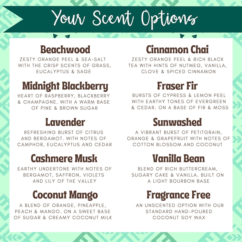 Może przedstawiać: Zielono-biała grafika z tekstem "Your Scent Options". Zawiera opisy zapach&oacute;w, takie jak Beachwood, Cinnamon Chai, Midnight Blackberry, Fraser Fir, Lavender, Sunwashed, Cashmere Musk, Vanilla Bean, Coconut Mango i Fragrance Free.