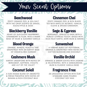 May include: A graphic with a teal and white background featuring a list of 10 different candle scents. The scents are: Beachwood, Blackberry Vanilla, Blood Orange, Cashmere Musk, Coconut Soleil, Cinnamon Chai, Sage & Cypress, Sunwashed, Vanilla Orchid, and Fragrance Free.