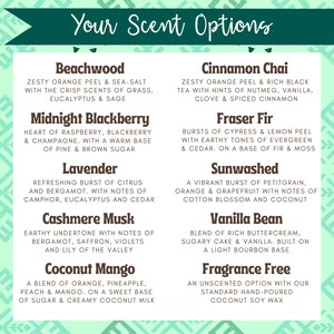 May include: A colourful chart with a green and white background listing 10 different candle scents. The scents are: Beachwood, Midnight Blackberry, Lavender, Cashmere Musk, Coconut Mango, Cinnamon Chai, Fraser Fir, Sunwashed, Vanilla Bean, and Fragrance Free.