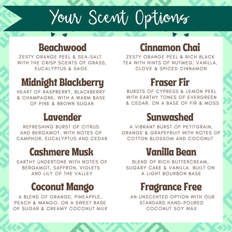 May include: A colourful chart with a green and white background listing 10 different candle scents. The scents are: Beachwood, Midnight Blackberry, Lavender, Cashmere Musk, Coconut Mango, Cinnamon Chai, Fraser Fir, Sunwashed, Vanilla Bean, and Fragrance Free.