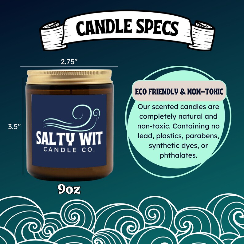 May include: A 9 ounce candle in a brown glass jar with a gold lid. The candle is labeled "Salty Wit Candle Co." and is 2.75 inches wide and 3.5 inches tall. The candle is eco-friendly and non-toxic, made with natural ingredients.
