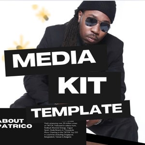 May include: A black and white image of a man wearing a black hat, sunglasses, and a black jacket. The text "MEDIA KIT TEMPLATE" is superimposed over the image. The text "ABOUT PATRICO" is in the lower left corner of the image. The text below the template title reads "Flash amassing over 311 million views on TIKTOK. Featured in videos from, Redbull, Monster Energy, Vogue Spain, Huda Beauty & Thousands More. Charting in the TIKTOK Top 100 in countries including Singapore, Bangladesh, Taiwan & Bulgaria."