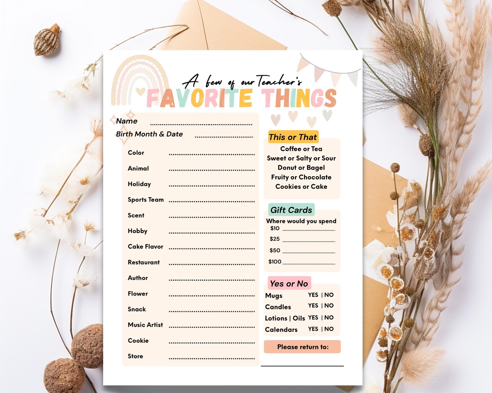 Teacher Favorite Things Questionnaire: Printable Teacher Survey (PDF ...