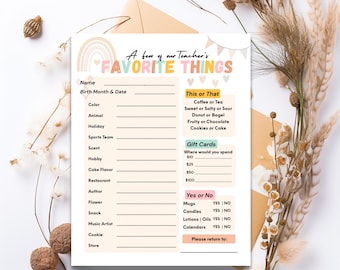 Teacher Favorite Things Questionnaire: Printable Teacher Survey (PDF Download)