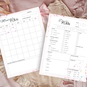 Pode incluir: Duas páginas de planejador rosa e branco com detalhes de estrelas. Uma página é rotulada como "Monthly Plan" com uma grade de calendário. A outra é um "Daily Plan" com seções para rastrear dieta, humor e listas de tarefas. O texto inclui "On the Fast Track".
