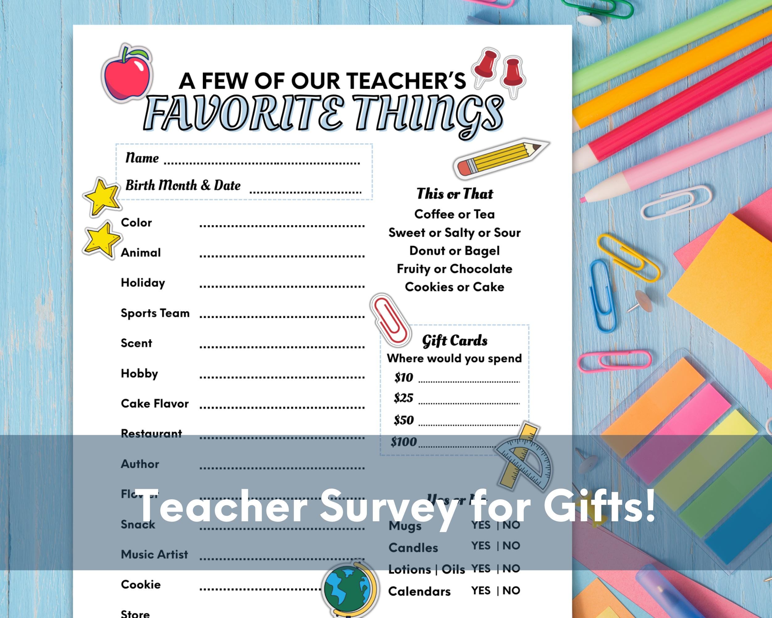 Teacher Favorite Things Questionnaire: Printable Teacher Survey (PDF ...
