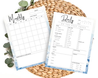 May include: A printable monthly and daily planner for tracking a fast track diet. The monthly planner has a grid for each day of the week and a space for start weight. The daily planner has sections for phase, fasting length, fasting hours, diet, macros, meals, water intake, workout, and glucose readings.