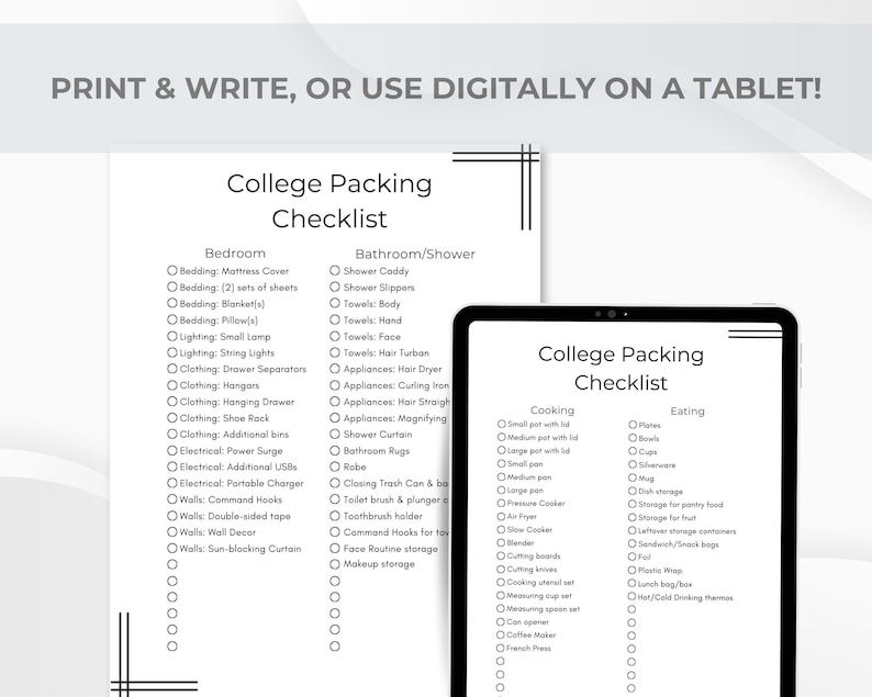 College Packing Checklist: Dorm Room Essentials (digital Download) - Etsy
