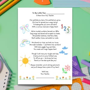 Poema de fin de año de una maestra de preescolar/maestra de TK/carta de despedida imprimible para estudiantes/graduación de preescolar/último día de clases
