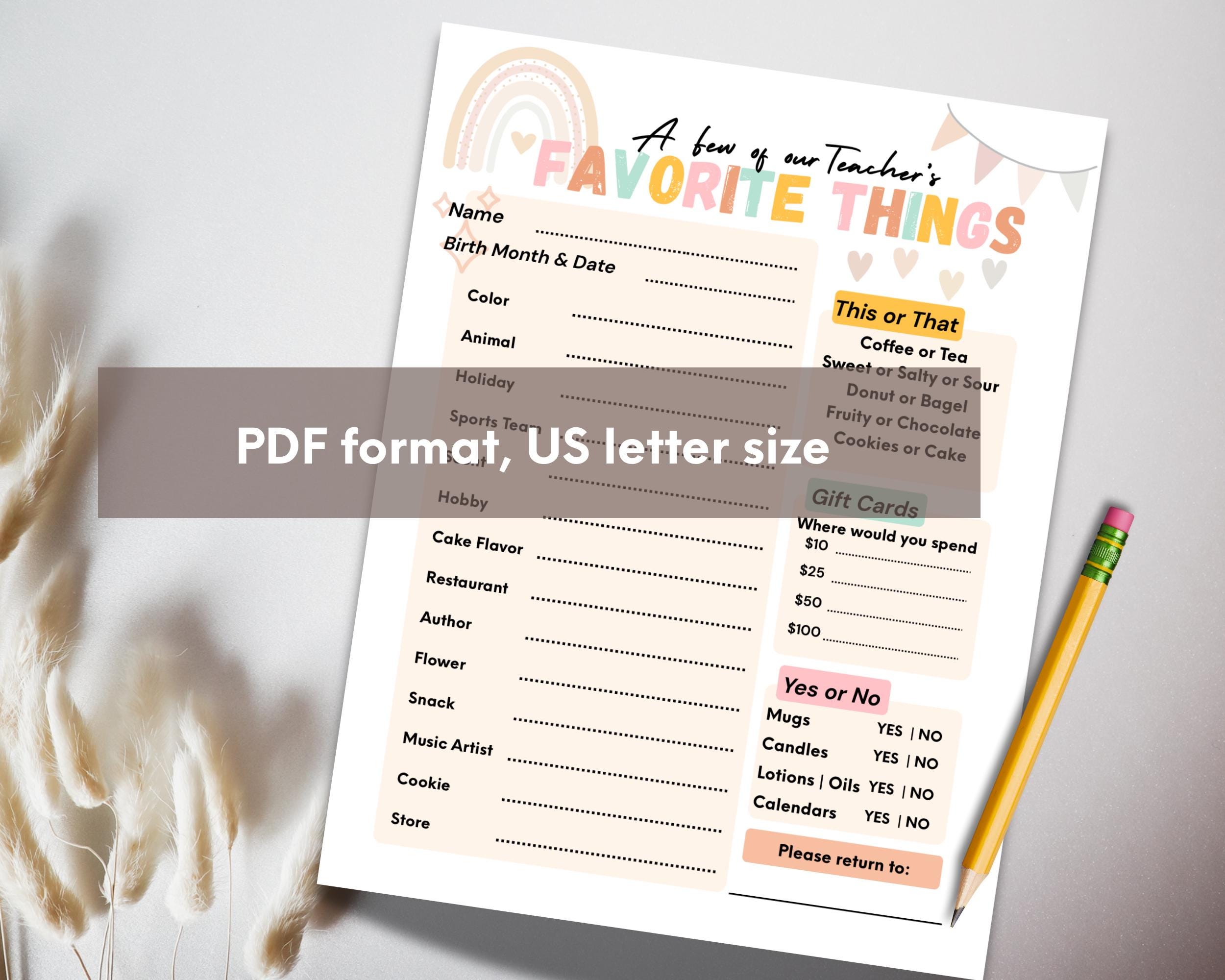 Teacher Favorite Things Questionnaire: Printable Teacher Survey (PDF ...