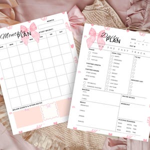 Peut inclure: Deux pages imprimables avec un design rose et blanc orné de nœuds. La première page est un planificateur mensuel avec une grille de calendrier et un espace pour les notes. La deuxième page est un planificateur quotidien avec des sections pour le jeûne, le régime alimentaire, les macros, les repas, l'apport en eau, l'entraînement et les lectures de glycémie. Le texte "Plan quotidien sur la voie rapide" est en haut de la deuxième page.