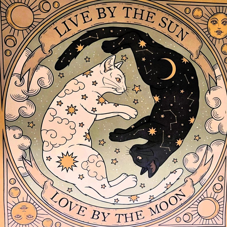 May include: A circular illustration featuring a white cat adorned with cloud and star patterns and a black cat decorated with constellations and a crescent moon. The text reads LIVE BY THE SUN and LOVE BY THE MOON, framed by sun and moon motifs.